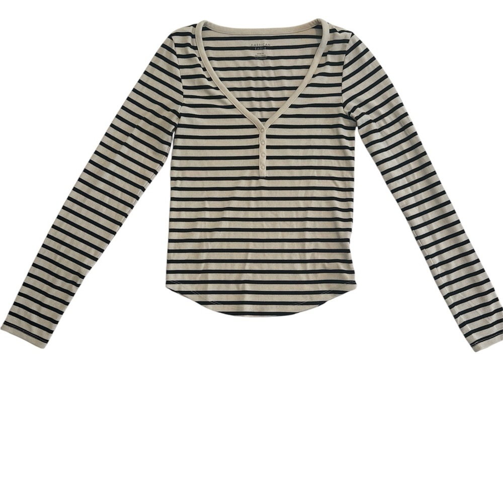 American Eagle Outfitters Ribbed Black and Cream Striped Top - Size Medium NWOT